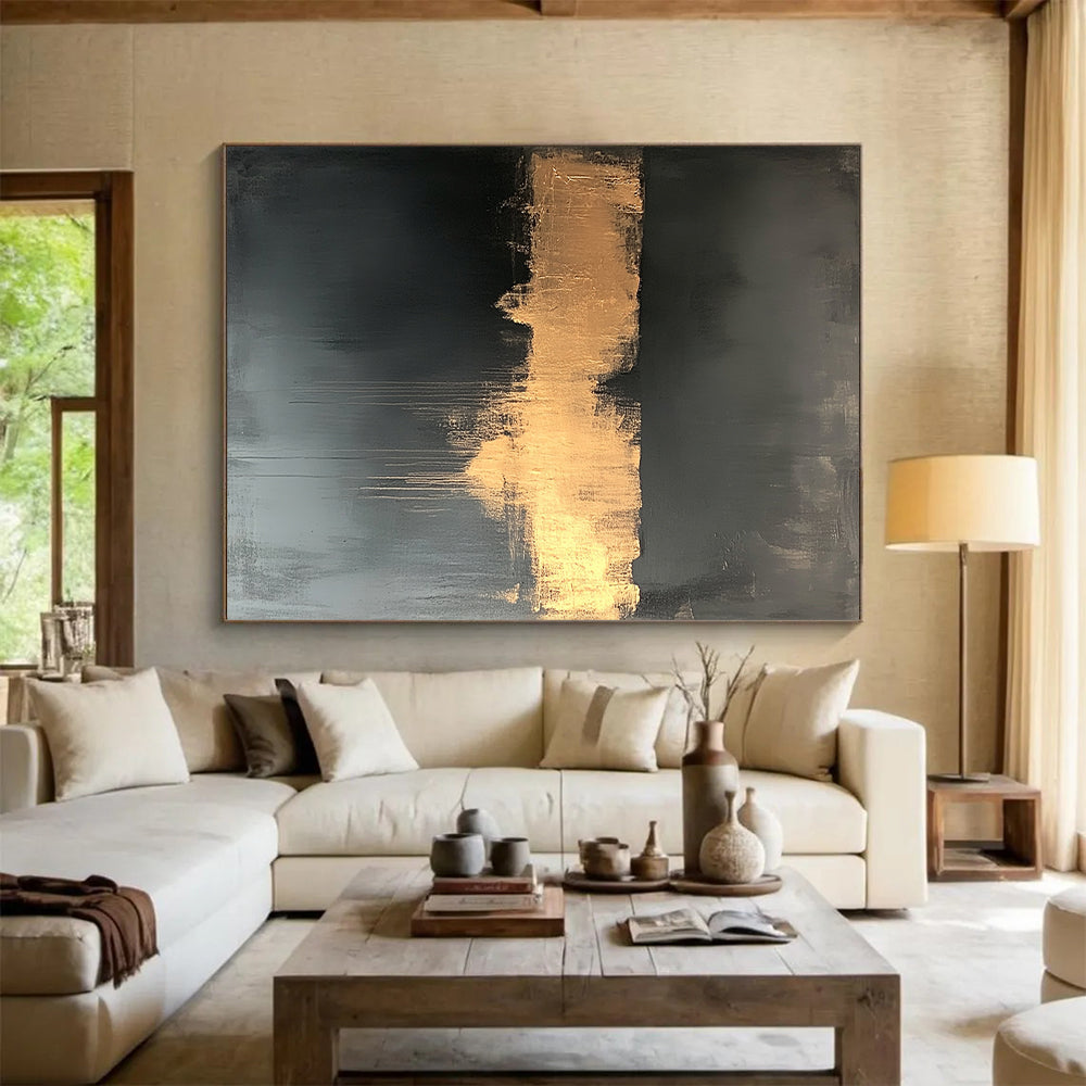 Black, Gold, Gray, Dripping Gold "Gilded Drip" Abstract Expressionist Painting On Canvas HB116