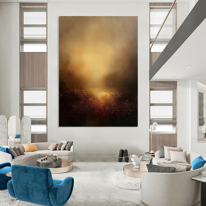 Contemporary abstract painting featuring an ethereal landscape with warm tones golden light and textured canvas against a dark sky backdrop. DLZ0458
