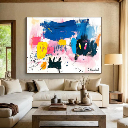 “Colorful Abstract with Black Silhouettes” - Colorful Palette, Black Shapes Painting On Canvas HB0873