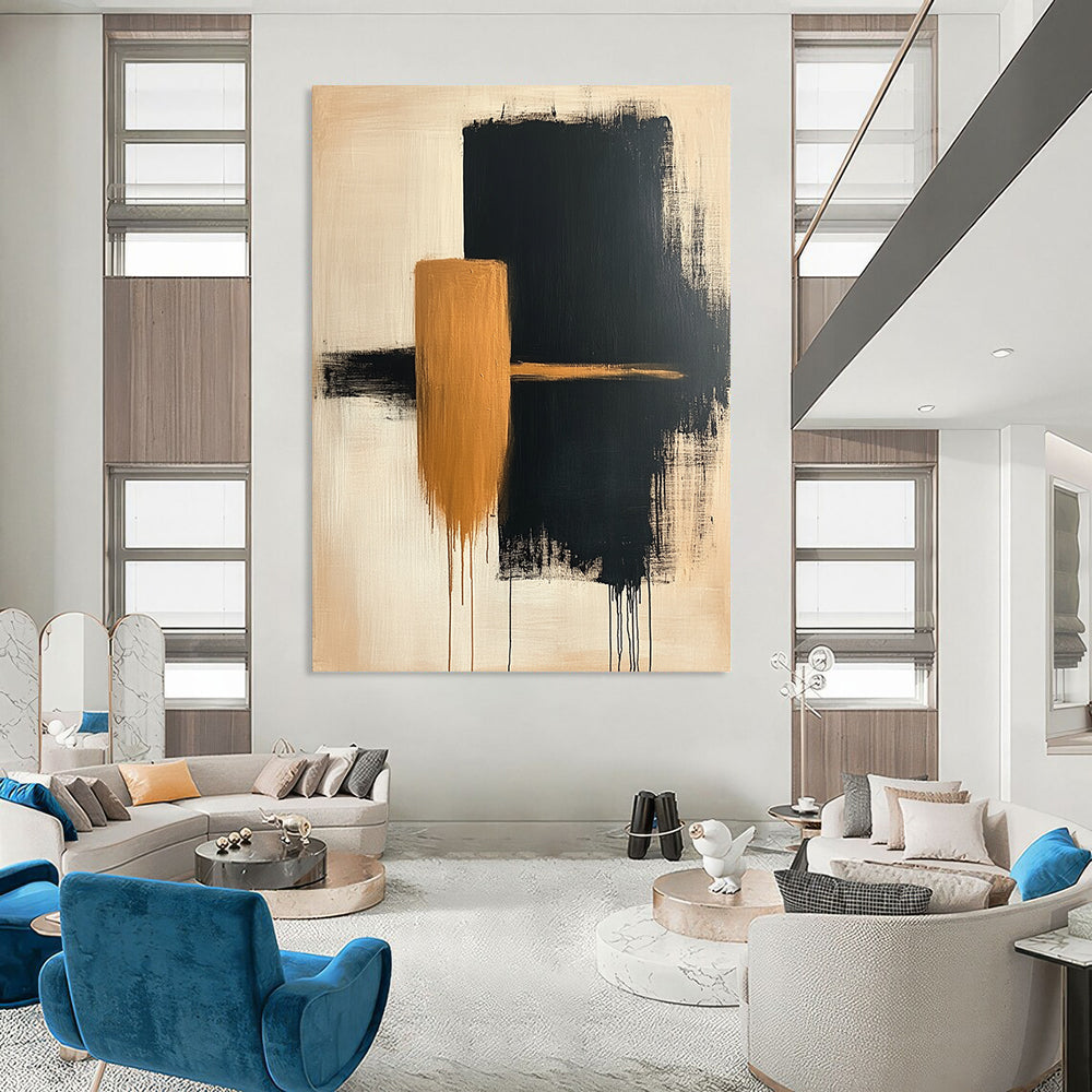 Contemporary hand-painted abstract artwork featuring simple beige and black shapes on canvas with a textured finish. DLZ0533
