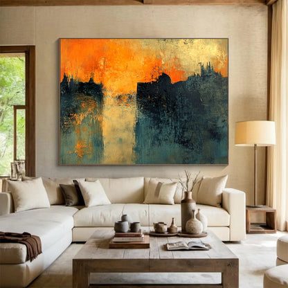 “Orange Sunset City Silhouette” - Orange, Blue, Black, Abstract Dramatic City Sunset Painting On Canvas HB1095