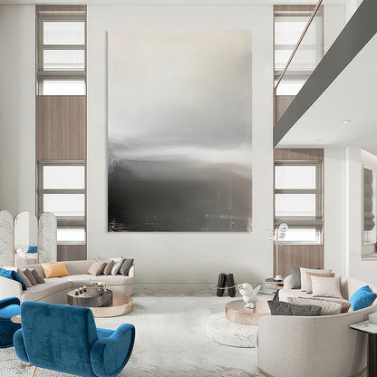 Contemporary hand-painted abstract art featuring a grey sky, foggy horizon, and a subtle grey and white palette that evokes tranquility and calmness. DLZ1347