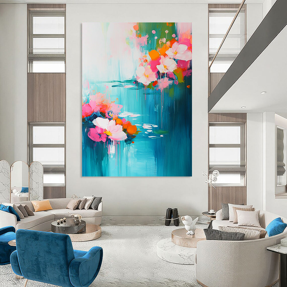 Contemporary abstract artwork featuring vibrant pink and turquoise flowers with serene water lilies, evoking springtime essence through soft brushstrokes and depth. DLZ0378