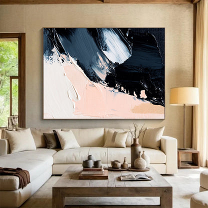 Black, White, Gold, Blush, Brush Strokes "Gilded Blush Drama" Abstract Gestural Painting On Canvas HB168