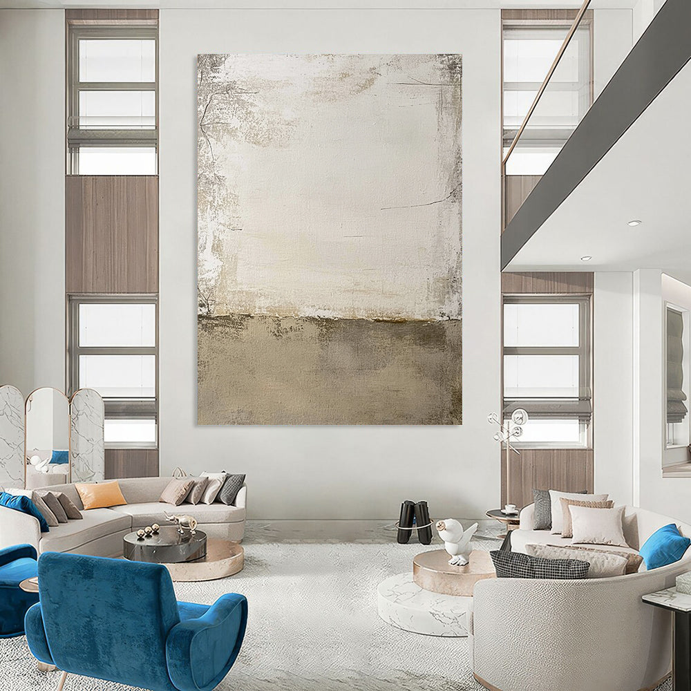 Contemporary hand-painted abstract art featuring textured beige and white tones with a rugged design and a central light gray area for versatility. DLZ1174