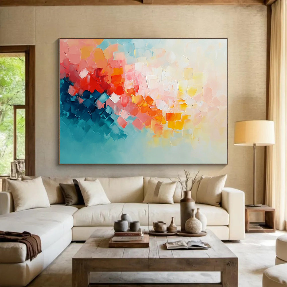 “Vibrant Square Impasto” - Pink, Orange, Blue, White - Textured Square Abstract - Oil Painting HB1318