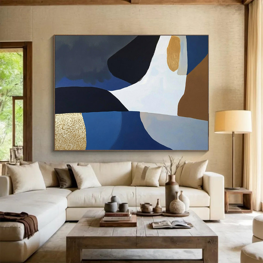 “Blue - Black - Gold Geometric Abstract” - Modernist Painting On Canvas HB0514