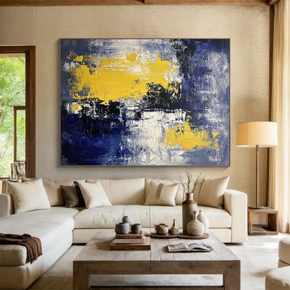 “Blue, Yellow, and White Abstract Landscape” - Blue, yellow, white, black; Abstract landscape with color blocks; Acrylic Painting On Canvas HB1222