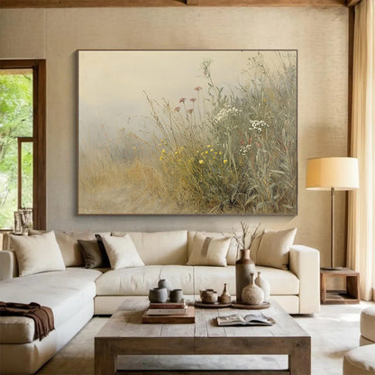 “Misty Meadow Wildflowers” - Beige, Gray, Pink, Yellow, White, Hazy Field of Flowers - Impressionistic Oil Painting HB1772