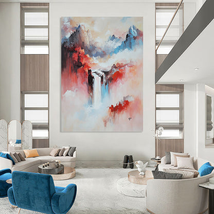 Large contemporary abstract painting featuring a mountainous Chinese landscape with a vibrant waterfall in pink and red tones. DLZ0605