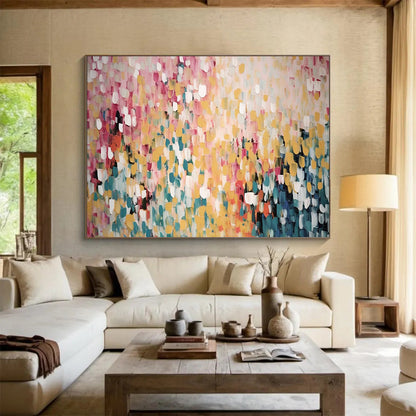 Yellow - Pink Dot Abstract - Cheerful Dining Room Art DLZ166
