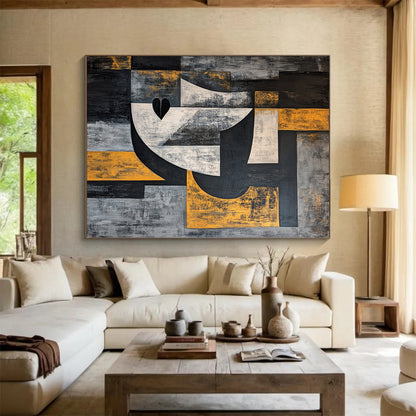 Gray, Black, White and Yellow Cubist Portrait "Abstract Identity" Painting On Canvas HB373