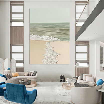 Contemporary abstract painting showcases a detailed watercolor seascape with a sandy edge in soothing beige and light green tones. DLZ1444
