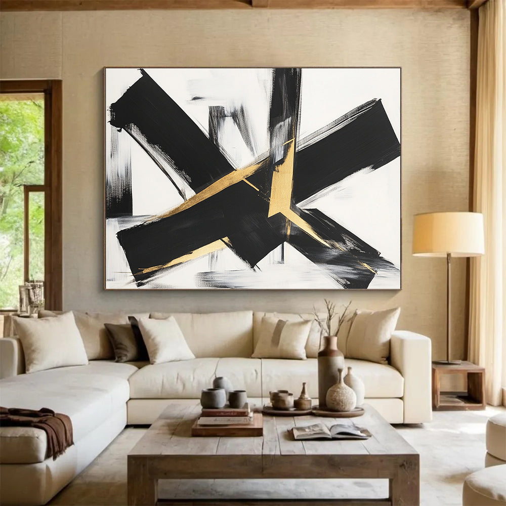 Black, White, Gold, Gray, Textured Triangles "Gilded Terrain" Abstract Cubist - Inspired Painting On Canvas HB120