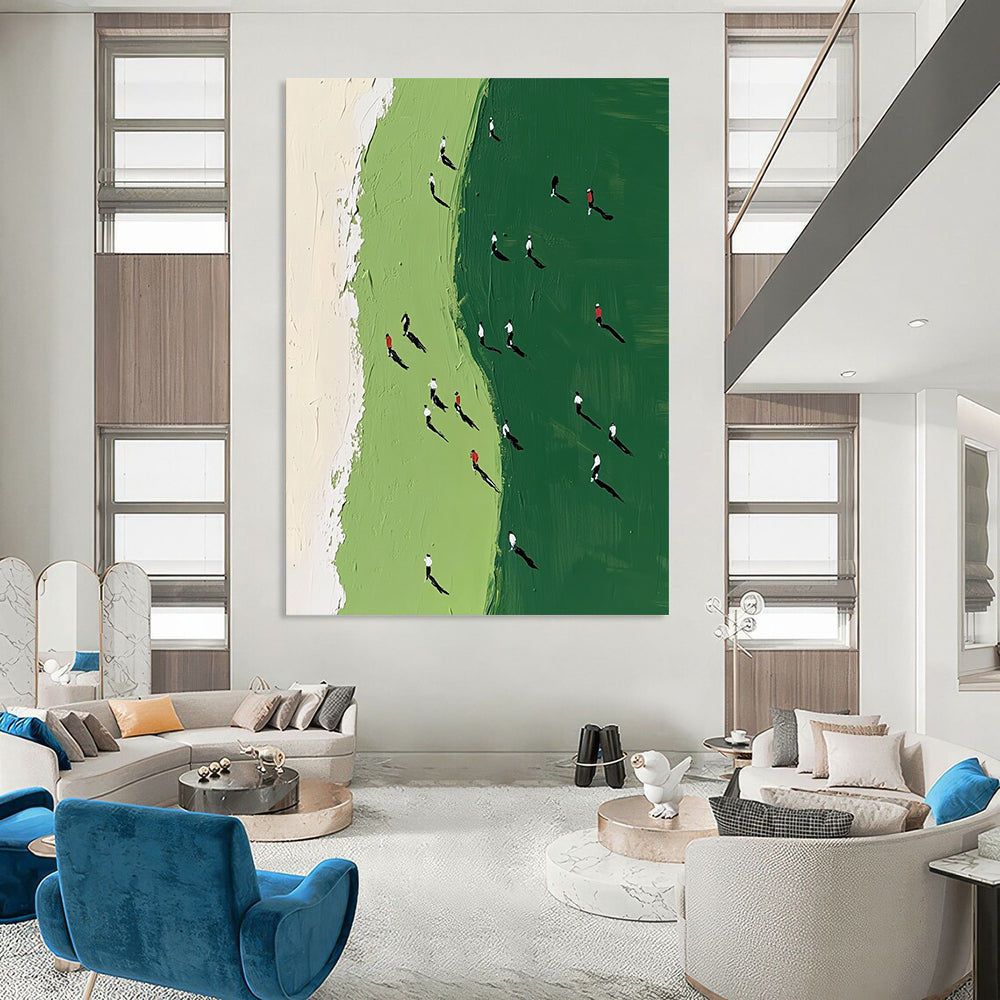 Vibrant contemporary abstract painting showcasing a green and white golf course with tiny figures in motion, perfect for modern art enthusiasts. DLZ0917