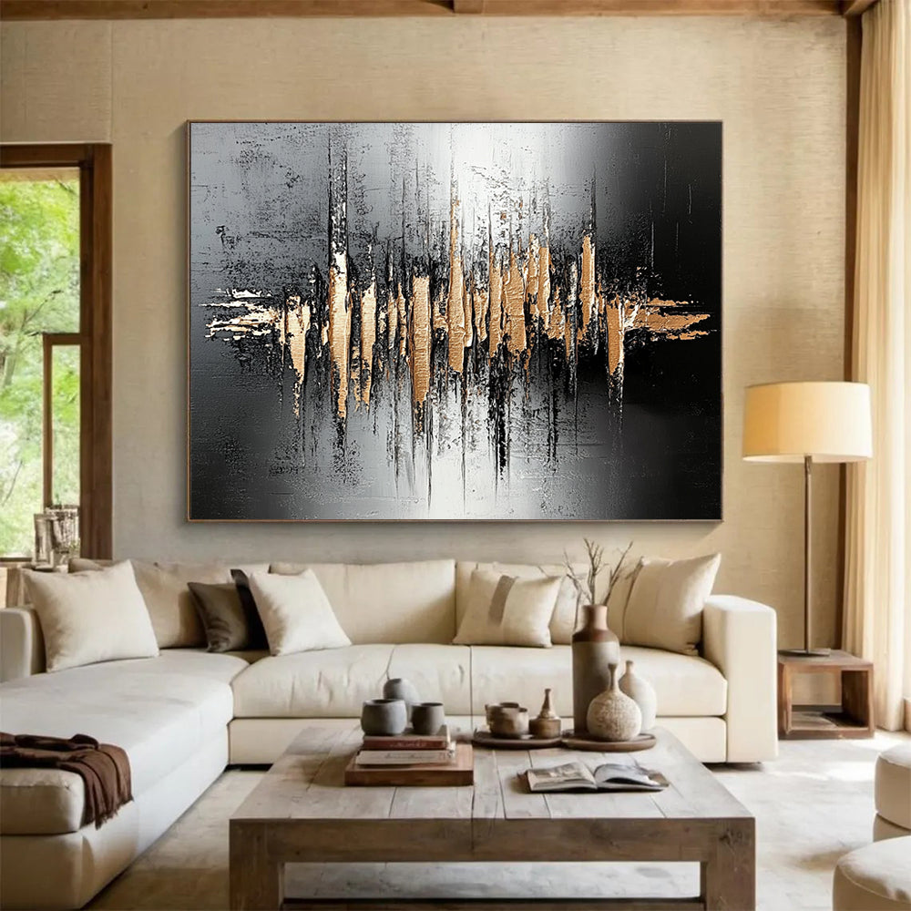 “Gold - Black Soundwave Textures” - Black, Gold, Soundwave Shapes Painting On Canvas HB0804