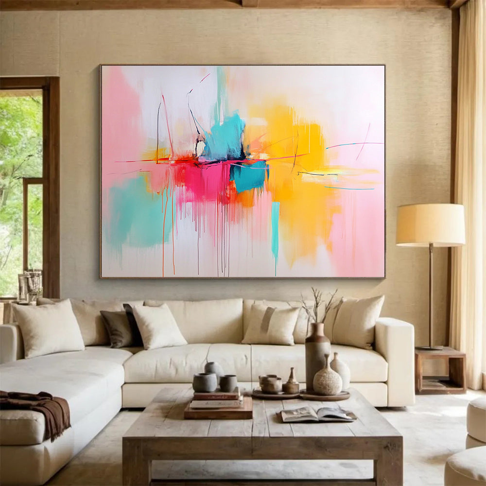 “Color Burst Center” - Pink, Yellow, Blue, Orange, Abstract Expressionist Painting On Canvas HB1062