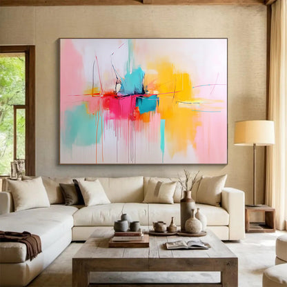 “Color Burst Center” - Pink, Yellow, Blue, Orange, Abstract Expressionist Painting On Canvas HB1062