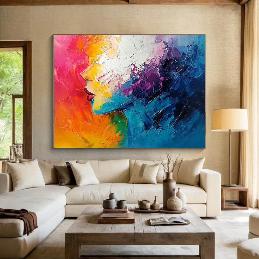 “Colorful Textured Woman’s Profile” - Colorful Palette, Textured Woman’s Face Painting On Canvas HB0858