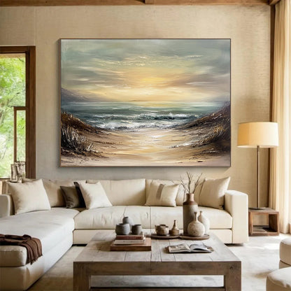 “Muted Beach Path” - Beige, Green, Blue, Sandy Path to the Sea - Textured Oil Painting HB1703