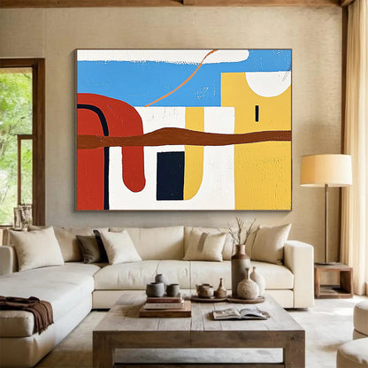 “Colorful Abstract Landscape” - Blue, Red, Yellow, Brown, White - Abstract Geometric Landscape - Acrylic Painting HB1314