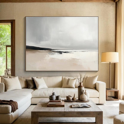 Gray and Beige Abstract Beach Scene - “Misty Shore” Painting On Canvas HB1460
