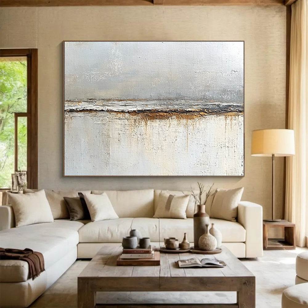 “Textured Gray and Brown Divide” - Gray, brown, white; Textured horizontal divide with drips; Oil Painting On Canvas HB1217
