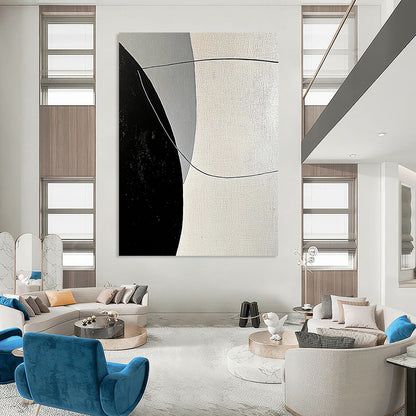 Contemporary abstract painting features bold black and white lines with smooth curves against a large gray background, showcasing minimalist geometric shapes and high contrast lighting. DLZ1654