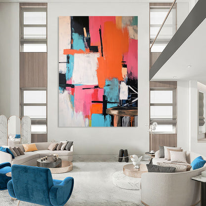 Contemporary abstract artwork featuring vibrant pink orange teal with bold black strokes large color blocks and dynamic shapes on a textured canvas. DLZ0903