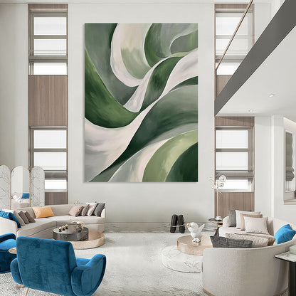 Contemporary hand-painted abstract art features smooth green leaf-like curves and white waves on a dark gray background, creating a striking visual impact. DLZ1209