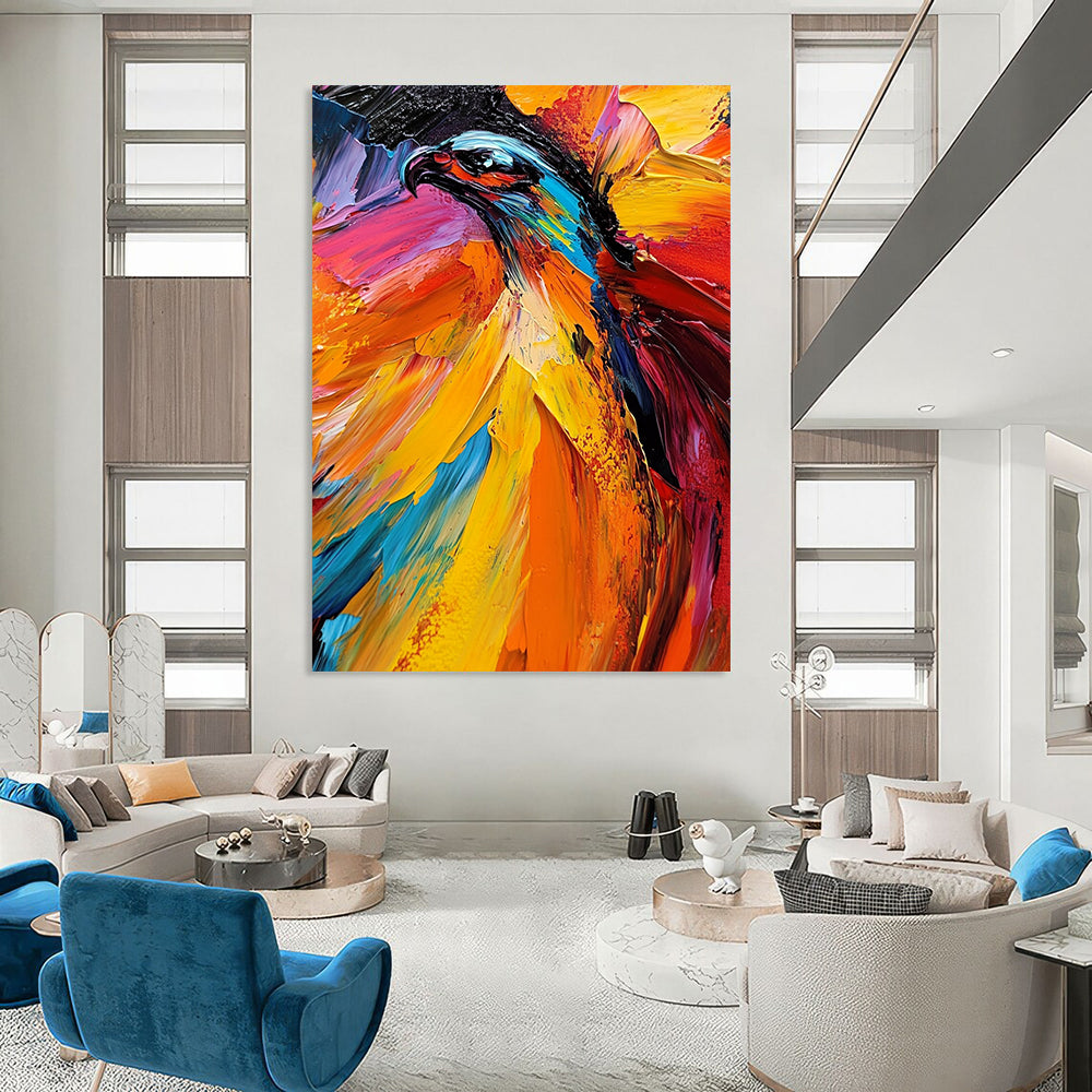 Vibrant contemporary abstract painting featuring an eagle with dynamic brushstrokes bold colors and warm tones creating an energetic mood on canvas. DLZ0575