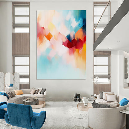 Contemporary abstract painting features soft pastel tones and a joyful blend of turquoise, red, orange, and cloud-like shapes to evoke freedom and nature. DLZ0441