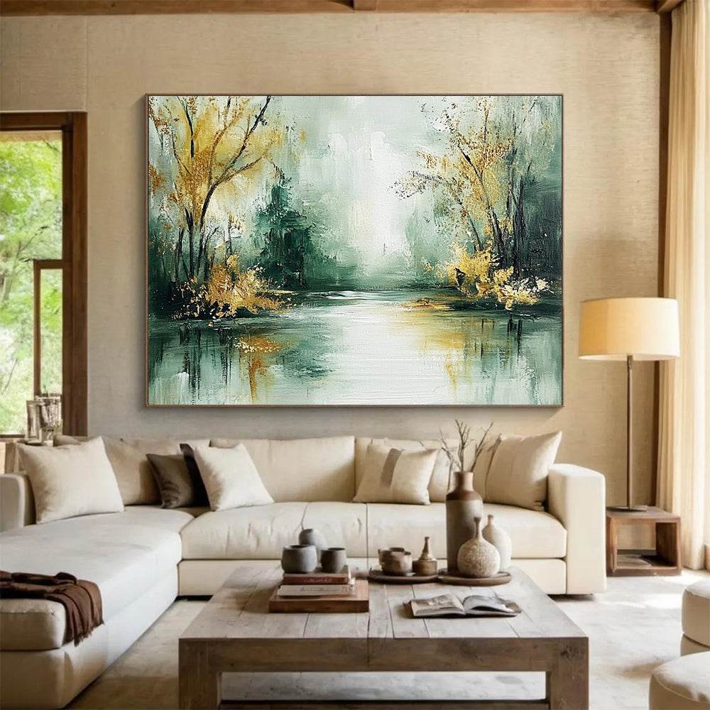 “Misty River with Golden Trees” - Green, gold, gray; Abstract river and trees; Impressionistic Oil Painting On Canvas HB1195
