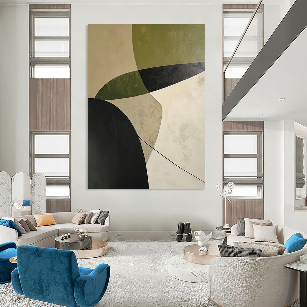 Contemporary abstract painting featuring calming white green and black curves with shadow effects on a beige background expressing simplicity and depth. DLZ1399