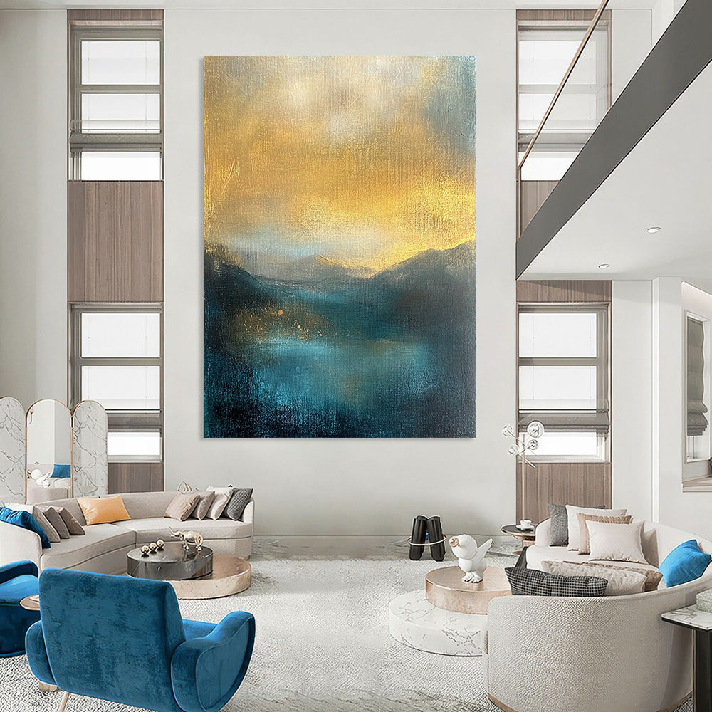 Contemporary abstract painting featuring misty mountains golden sky textured in teal and yellow tones perfect for adding elegance to any space. DLZ0486