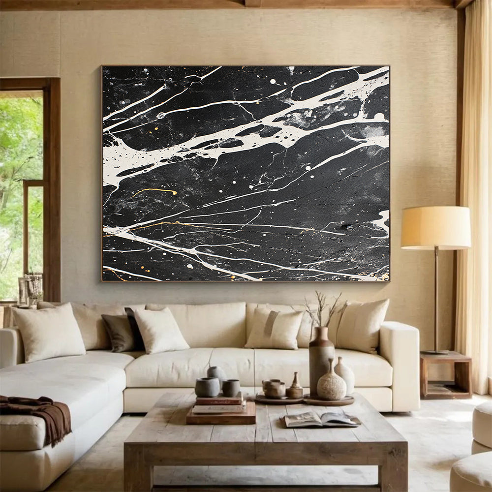 Black, White, Gray, Gold, Intricate Veins "Marbled Night" Abstract Modernist Painting On Canvas HB065