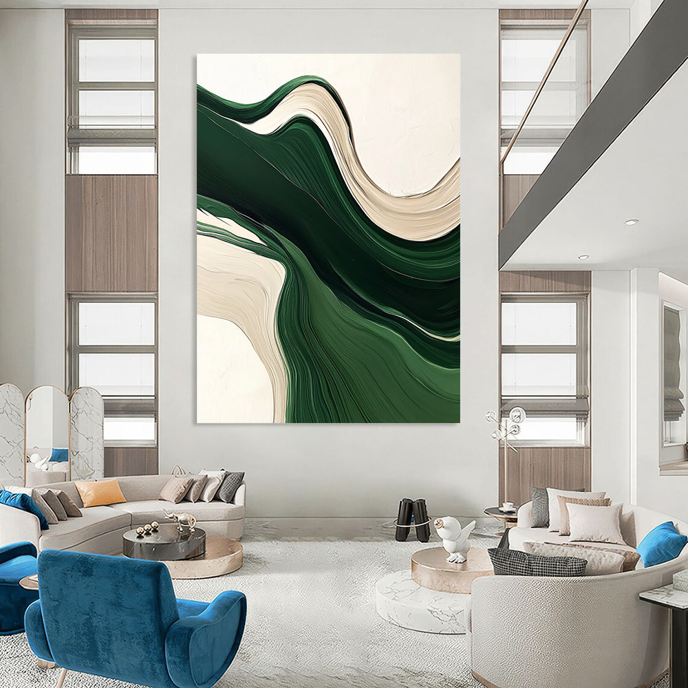 Contemporary hand-painted abstract artwork featuring fluid green and white lines, organic shapes, and layered textures on a neutral background. DLZ0622