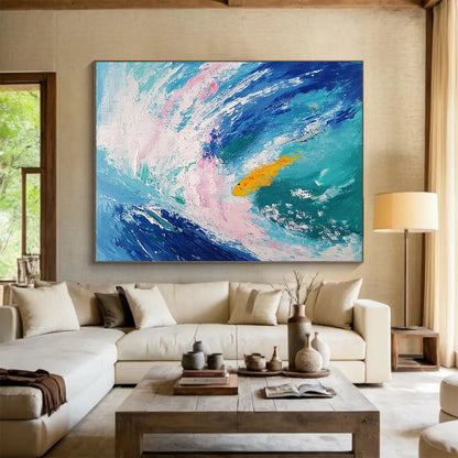 “Playful Fish in Colorful Waves” - Blue, pink, yellow; Abstract fish in waves; Expressive Acrylic Painting On Canvas HB1190