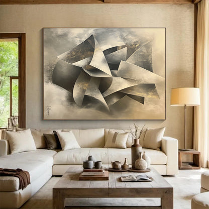 Gray, Silver, Gold and White Geometric Abstraction "Elegant Folds" Painting On Canvas HB394