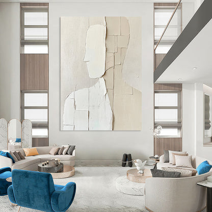 Contemporary abstract artwork features minimalism with deconstructed tailoring in simple shapes on a textured beige background creating a monochromatic aesthetic. DLZ1729