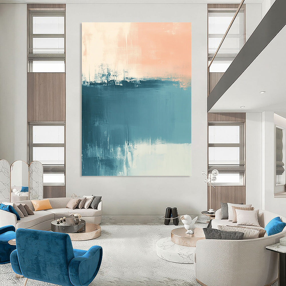 Contemporary hand-painted abstract art featuring muted blue and peach tones with soft brush strokes and a calming sea-inspired atmosphere. DLZ0554