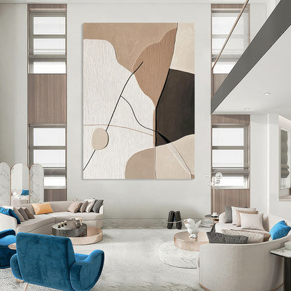 Contemporary abstract artwork featuring minimalist Japandi design with string and paper shapes on a beige background, accented with black and thick lines. DLZ1620