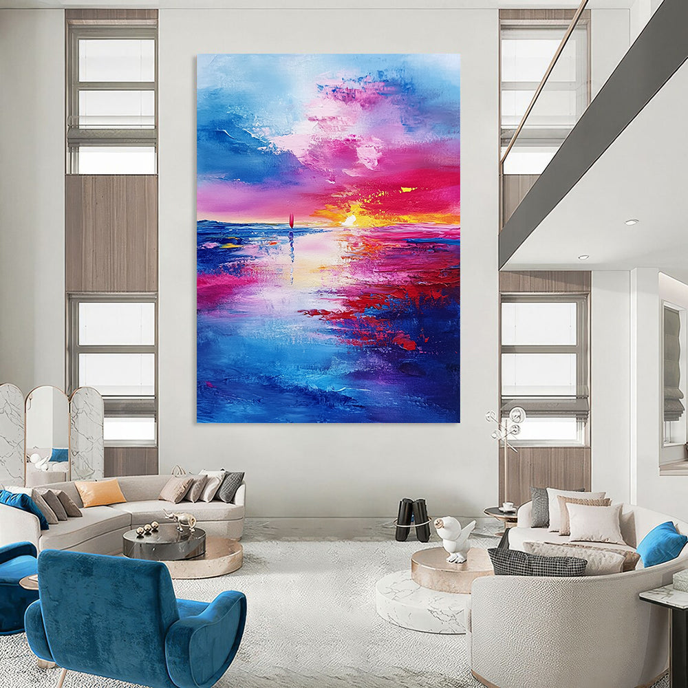 Contemporary hand-painted abstract art featuring a textured landscape of the sky and sea at sunset with vibrant shades of blue purple and red. DLZ0658