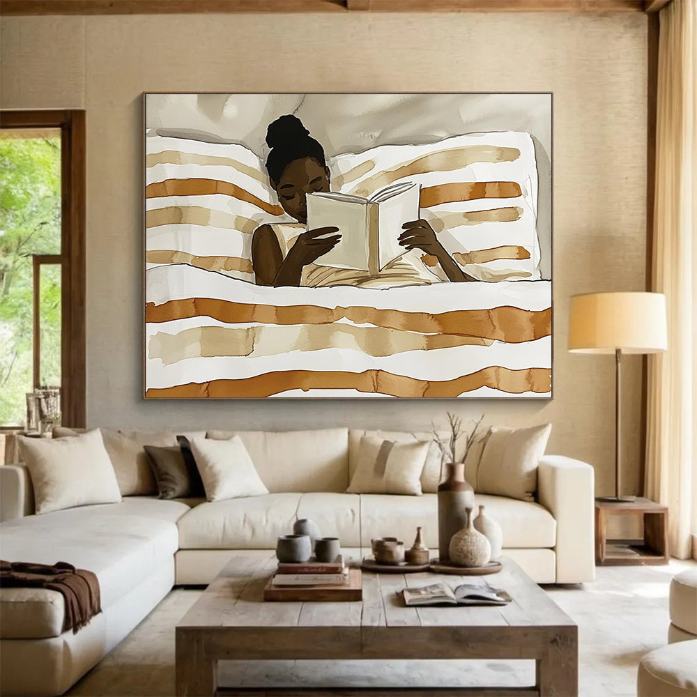 “Reading Woman in Neutral Tones” - Brown, White, Skin Tones, Figure Reading in Bed - Watercolor Illustration HB1770