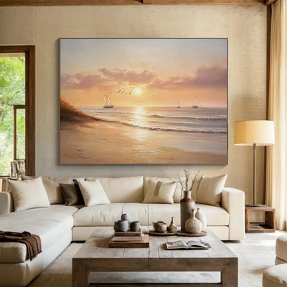 “Serene Sunset Beach” - Oranges, Pinks, Purples, Calm Beach with Sailboats - Realist Oil Painting HB1720