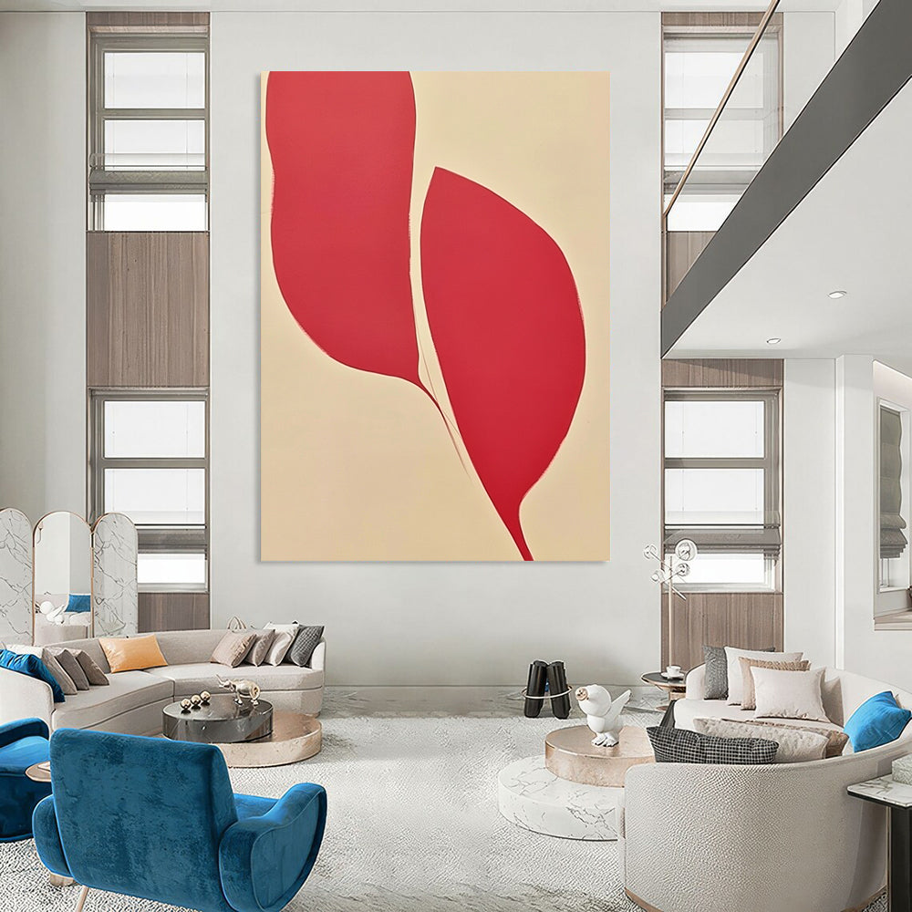 Contemporary abstract art featuring a symmetrical design with two petal-like shapes in red and pink against a white background, showcasing elegant curves and vibrant colors. DLZ1450