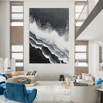 Contemporary hand-painted abstract art featuring intricate textures of ocean waves crashing in striking black and white tones. DLZ1139