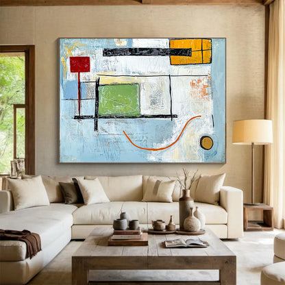 “Geometric Calm” - Blue, green, yellow, red, black; Clean geometric shapes on soft blue; Minimalist Abstract Oil Painting On Canvas HB1169