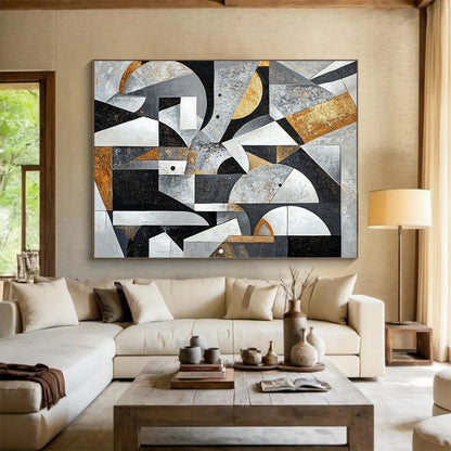 Gray, Black, White, Gold and Brown Geometric Abstraction "Vintage Geometry" Painting On Canvas HB395