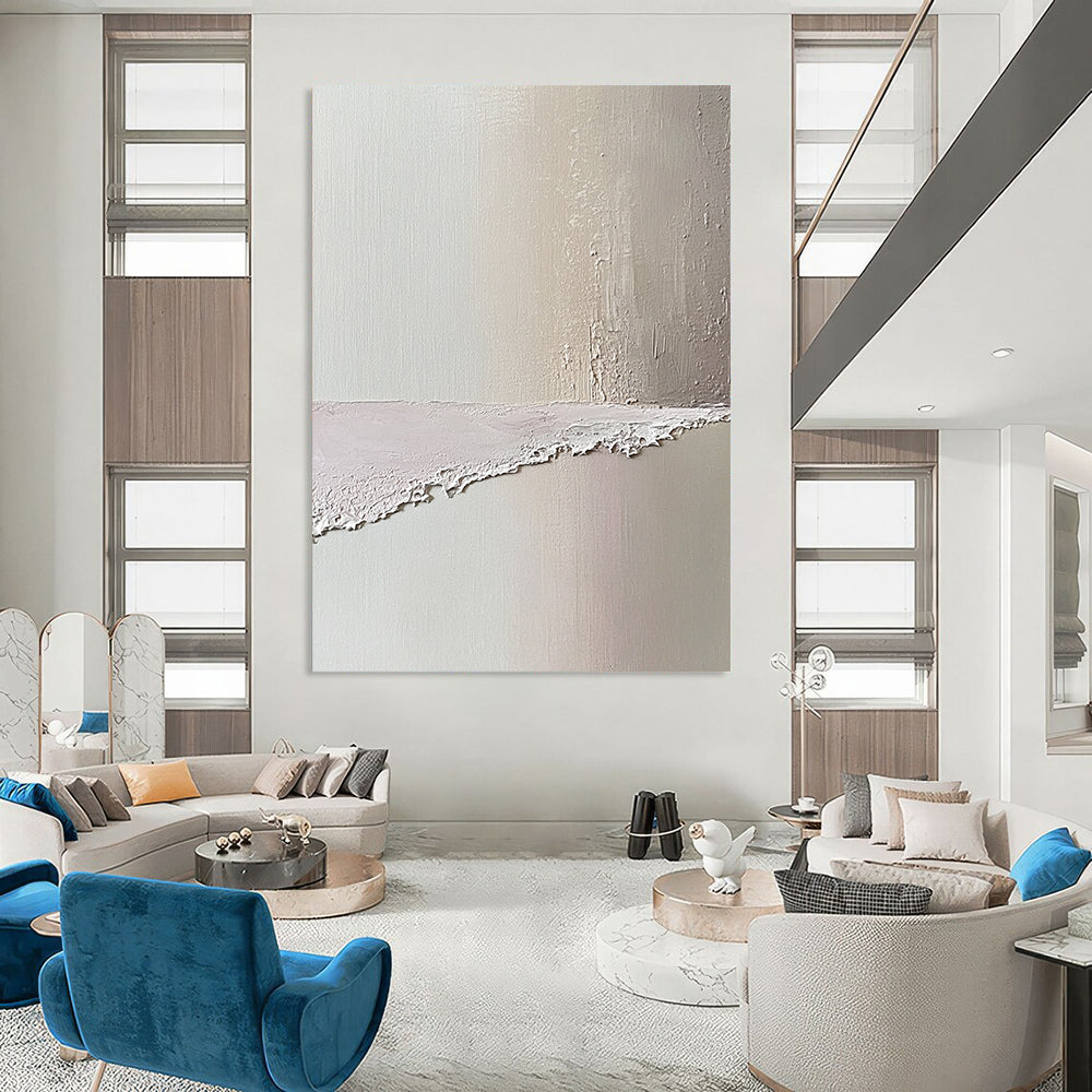 Contemporary abstract art featuring a serene beach scene in soft pastel pinks and whites evokes tranquility with textured oil paint aesthetics. DLZ1358